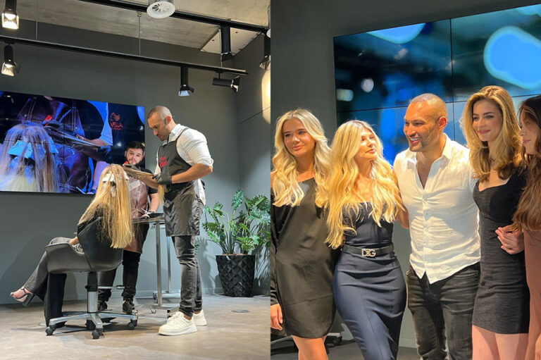 Vasemmalla: Stylisti tekee hiusten raidotusta naisen pitkille hiuksille, kun nainen istuu kampaamon tuolissa; takana on näyttö, jossa prosessi näkyy. Oikealla: Neljä ihmistä hymyilee yhdessä Helsingin Kampaamossa, joka esittelee tyylikästä modernia kampaamoa.