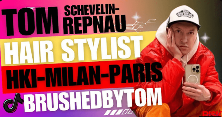 Punaiseen takkiin ja valkoiseen lippalakkiin pukeutunut mies nojaa päätään käteensä ja pitää puhelinta kädessään. Lihavoitu teksti kuuluu: TOM SCHEVELIN-REPNAU HAIR STYLIST, kampaamo Helsinki - HKI-MILAN-PARIS @BRUSHEDBYTOM värikkäällä taustalla.