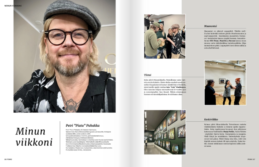 Petri Pinni Puhakkaa esittävä lehtikuvaus. Vasemmalla sivulla on hänen muotokuvansa ja suomenkielinen teksti, jossa korostetaan hänen asiantuntemustaan hiusten raidotuksessa. Oikealla esitellään tapahtumakuvia Kampaamo Annankadulta, ja lisää suomenkielistä tekstiä.