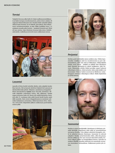 Kollaasi valokuvista ja tekstistä lehden ulkoasussa. Kuvissa on hymyileviä naisia poseeraamassa hiusten raidotuksen jälkeen, ryhmäselfie kampaamossa Helsingissä, parrakas mies, joka saa kiillotusta, ja viihtyisä makuuhuoneen sisustus.